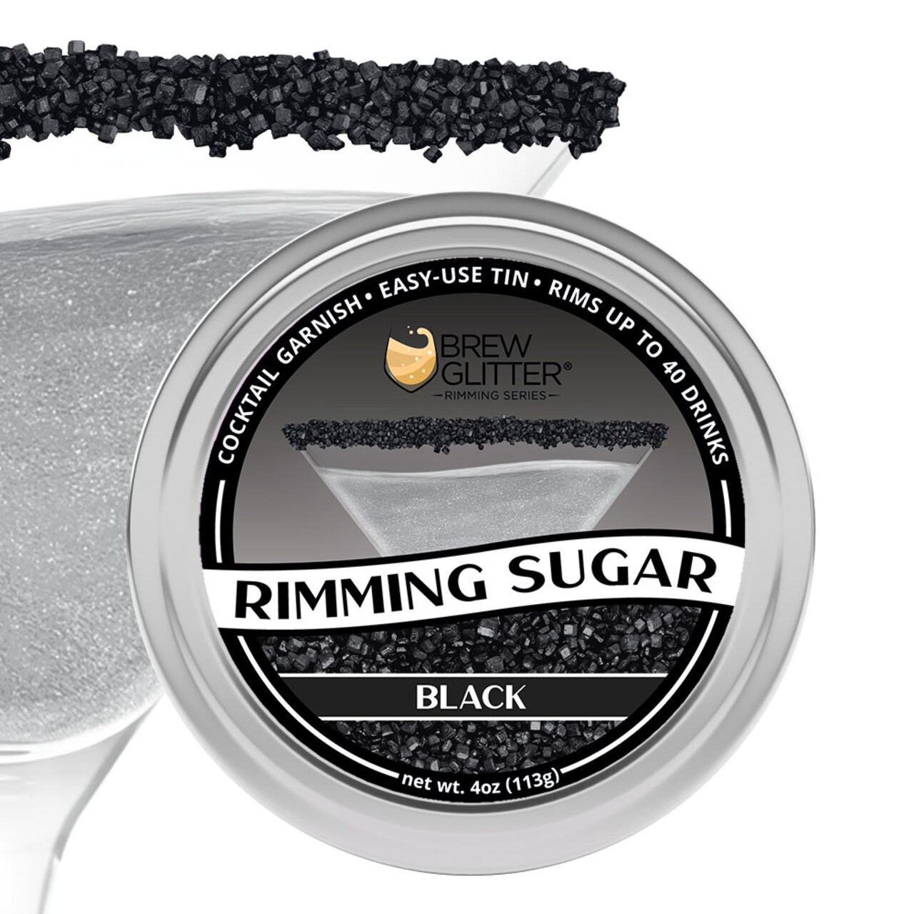 Brew Glitter - Black Rimming Sugar (4oz, 1x Bar Tin) Cocktail Garnish for Mixed Drinks & Refreshments